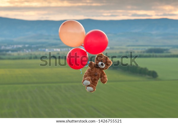 teddy bear flying with balloons