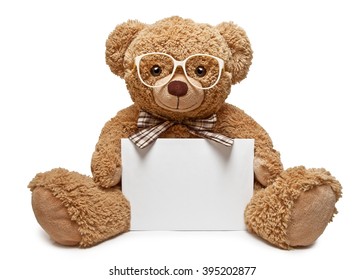 Teddy Bear With Glasses Holding A Blank Banner