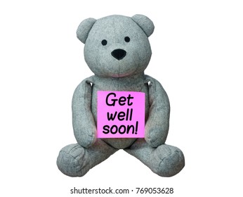 Teddy Bear Holding Card Get Well Soon Isolated