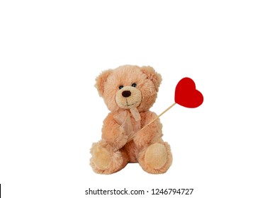 Teddy bear is holding a red heart on a stick. White isolate