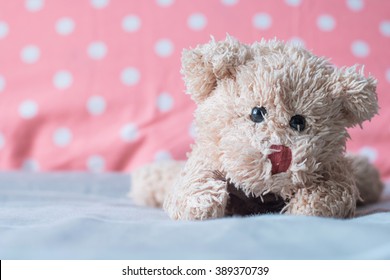 Teddy Bear lying in the bed.