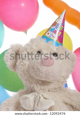teddy bear with party hat over the balloons
