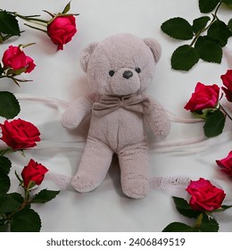 Teddy Bear With Red Rose Flowers