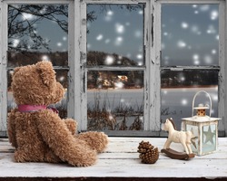 Teddy Bear And Rocking Horse Looking At Snowy Night