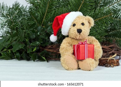 Teddy Bear With Santa Hat And Gift/christmas/teddy Bear