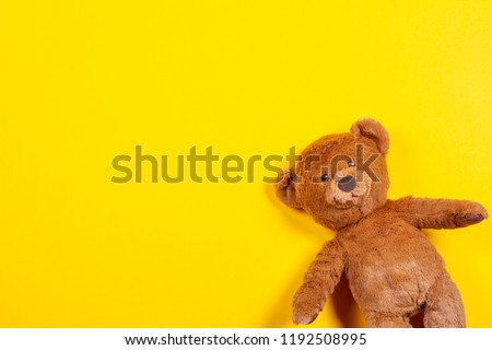Teddy bear toy on yellow background. Top view