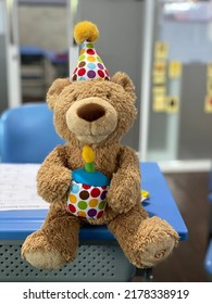 Teddy Bear Wearing Birthday Hat And Holding A Birthday Cake