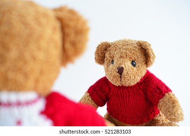 Teddy Bear Wearing Red Knitted Sweaters Talking To Another Teddy Bear. Concept About One-side Love, Difficult Love And Expectancy. Face-to-Face Conversation