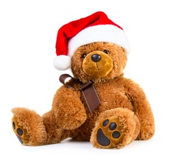 Teddy Bear Wearing A Santa Hat Isolated On White Background