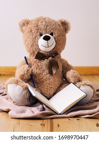 Teddy bear writing in a notebook