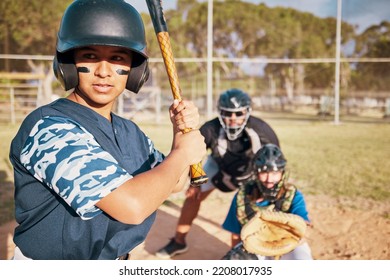 Teen Baseball Sports Athlete, Holding Bat Is A Portrait Of Focus And Motivation. Softball As Sport In High School Can Help Student With Fitness Exercise, Confidence And Learning Teamwork With Friends