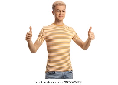 Teen Boy With Bleached Hair Showing Both Thumbs Up Isolated On White Background