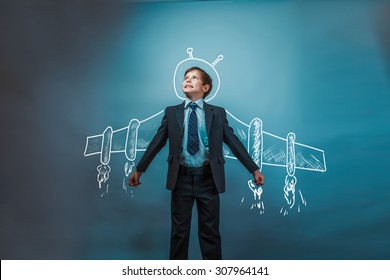 Teen Boy Businessman Superhero Pilot Wings From The Aircraft Infographics Shows The Growth Dynamics In The Business Photo