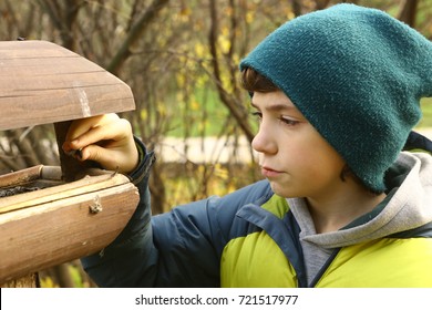 Teen Boy In Knitted Hat Feeding Bird In Feeder In Fall Autumn City Park Close Up Photo