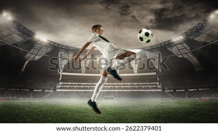 Teen boy, soccer player in white uniform jumps to strike ball midair with crowd watching. 3D render of illuminated stadium. Concept of sport, energy, competition, athletic moment, game, ambitions