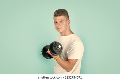 Teen Boy Training Biceps Muscles With Barbell, Sport