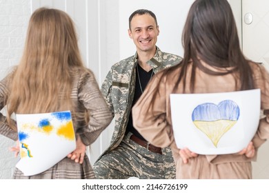 Teen Daughter Says Goodbye To Her Military, Ukrainian Soldier. Ukrainian Defender Says Goodbye To His Family. Mobilization Of Ukrainian Men. War In Ukraine.