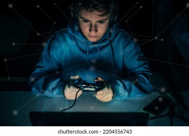 Teen Gaming Online. Friendship, Fun, Contact Network Concept. Internet Game, Group Of Remote Gamer