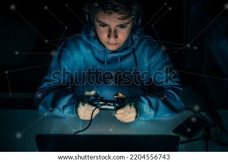 Teen gaming online. Friendship, fun, contact network concept. Internet game, group of remote gamer