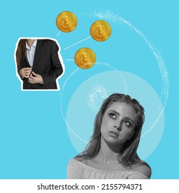 Teen Girl And Bitcoin, Financial Literacy, Thoughts About The Future Of Cryptocurrency, Collage Of Modern Art, Contemporary, Art, Idea