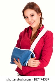 teen girl with broken arm in a sling, white background