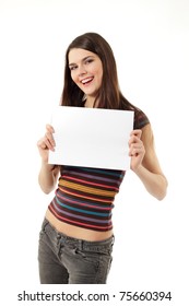 Teen Girl Cheerful Holding Blank White Paper Closeup Isolated On White Background