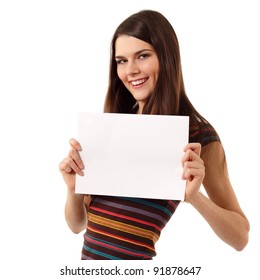 Teen Girl Cheerful Holding Blank White Paper Closeup Isolated On White Background