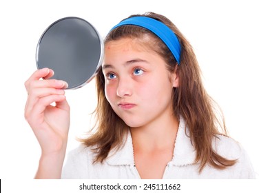 Teen Girl Examine Her Pimples In The Mirror