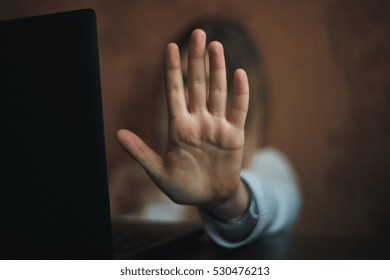 Teen Girl Excessively Sitting At The Computer Laptop At Home. He Is A Victim Of Online Bullying Stalker Social Networks