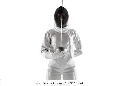 Teen girl in fencing costume with sword in hand isolated on white studio background. Young female caucasian model posing confident, preparing for fight. Copyspace. Sport, youth, healthy lifestyle. - Powered by Shutterstock