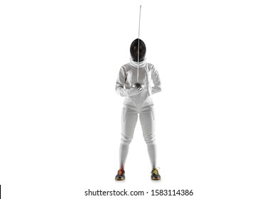 Teen girl in fencing costume with sword in hand isolated on white studio background. Young female caucasian model posing confident, preparing for fight. Copyspace. Sport, youth, healthy lifestyle. - Powered by Shutterstock