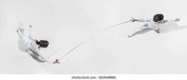 Teen girl in fencing costume with sword in hand on white background. Top view. Young female model practicing and training in motion, action. Copyspace. Sport, youth, healthy lifestyle. Collage.