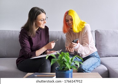 Teen Girl Giving Interview To Social Worker. School Psychologist Talking With Student, Counseling, Therapy, Help And Support For Adolescents