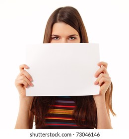Teen Girl Holding Blank White Paper Closeup Isolated On White Background