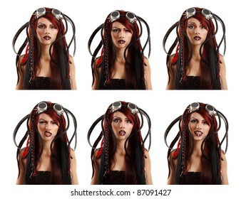 Teen Girl Informal Cyber Punk Emotional Set Facial Expressions Isolated On White Background