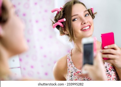 Teen Girl Making Self In Bathroom  Front Mirror