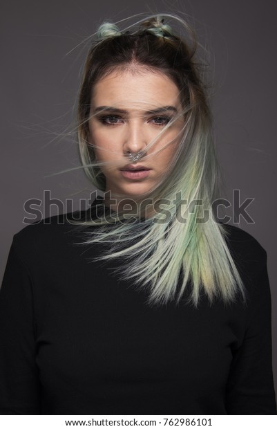 Teen Girl Modern Haircut Blue Green Stock Photo Edit Now