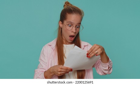 Teen Girl Open Envelope Take Out Letter Reads It Feel Happy. Career Growth, Success Education Exam Test Result, Bank Loan Approve, Monetary Award, Long-awaited Invitation Great News. Student Child Kid