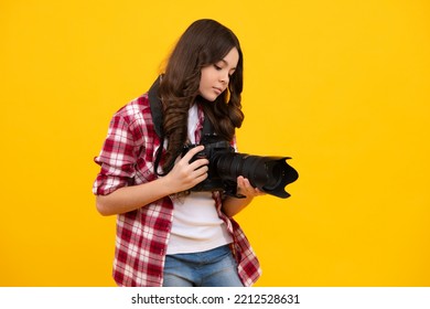 Teen Girl With Photo Camera, Young Talented Photographer. Photo Journalism School. Shooting With Professional Camera. Photographing Hobby.