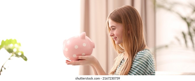 Teen Girl With Piggy Bank At Home. Banner Design