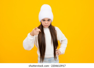 Teen Girl Pointing Finger At Camera, Point Index Finger Camera On You. Angry Teenager Girl, Upset And Unhappy Negative Emotion.