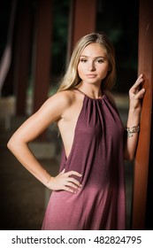 Teen Girl Poses For A High School Senior Portrait Photo Outdoors In A Purple Dress