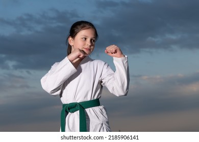 Teen Girl Practicing Karate. Teen Child Fighter. Teen Kid Practicing Taekwondo.