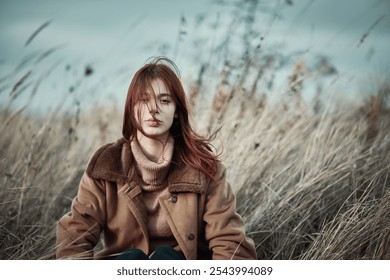 Teen girl with red hair sits in dry grass with a calm, introspective expression, wind tousling her hair. - Powered by Shutterstock