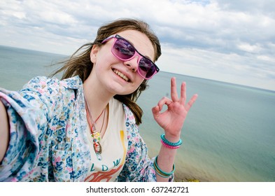 Teen Girl Smiling Selfie Vacation Sea	