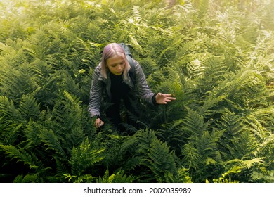 Teen Girl Sneaks Between Ferns In A Shady Forest 