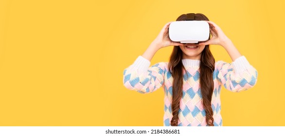 teen girl wear vr glasses using future technology for education in virtual reality, vr training. Banner of child girl with virtual reality vr headset, studio portrait with copy space.
