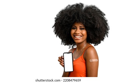 Teen Girl Without Face Shield Holds The Cell Phone Close To Her Arm With The Vaccine Sticker, Fully Immunized, Cell Phone Screen