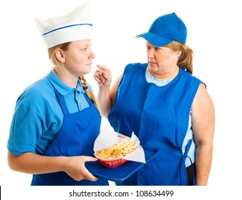 Teen Girl Working In Fast Food Gets Pushed Around By Her Boss.  Isolated On White.