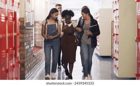 Teen, group and walking in hallway of school, shock and surprise with news in phone, student and smile. Highschool, girls and reading of message or text on mobile, kids and invitation to prom - Powered by Shutterstock